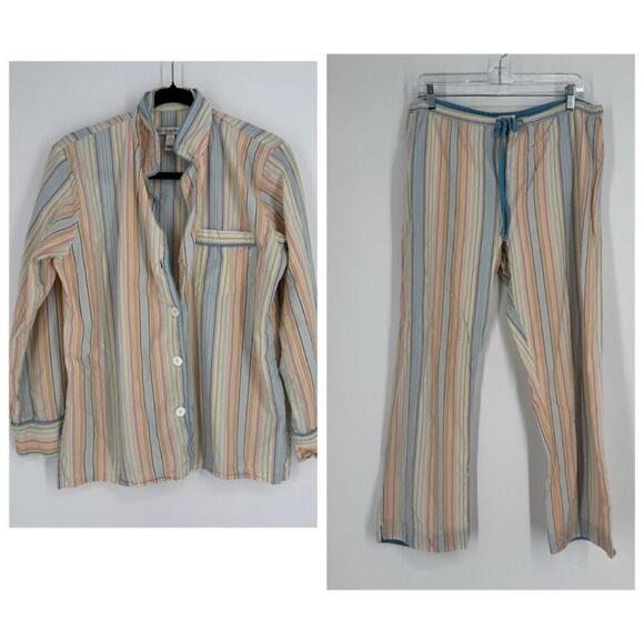 Pottery Barn pajama set womens large L striped cotton button up lounge preppy - Picture 1 of 10